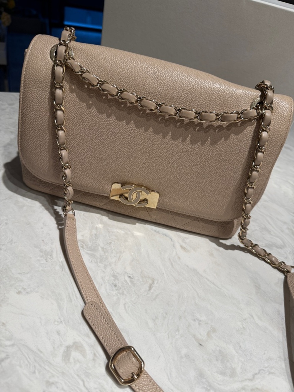 CHANEL Pale Beige Leather Shoulder Bag with Gold Chain - Picture 4 of 9